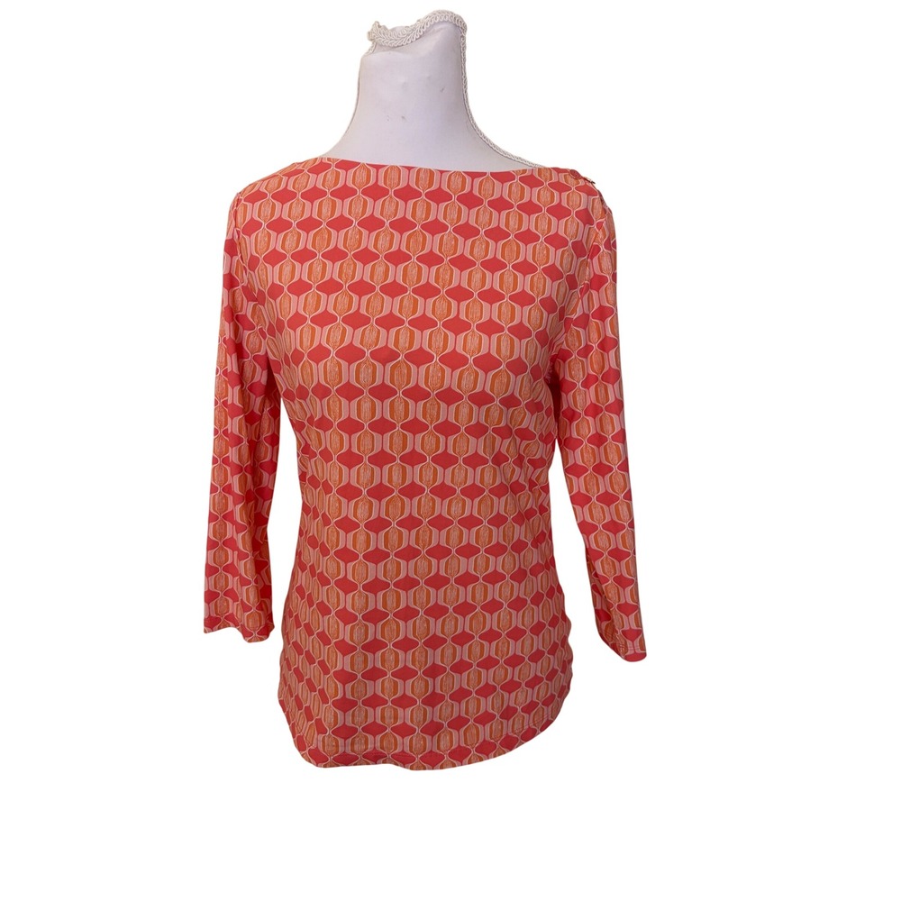 J.McLaughlin Coral‎ Geometric Catalina Cloth 3/4 Sleeve Boat Neck Top Sm Stretch